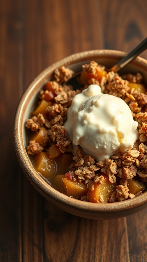A bowl of apple crisp topped with oats and a scoop of vanilla ice cream.