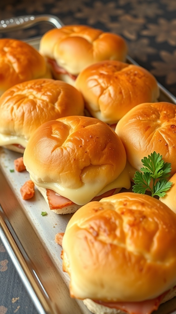 Baked ham and cheese sliders on a tray