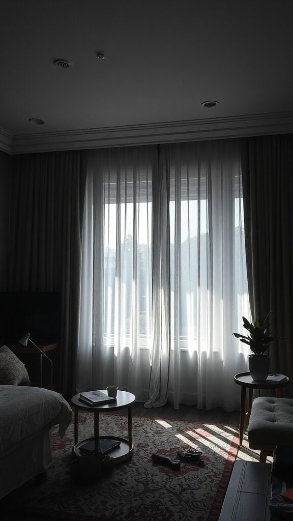 A cozy room with sheer curtains allowing soft sunlight to filter in, creating a warm atmosphere.