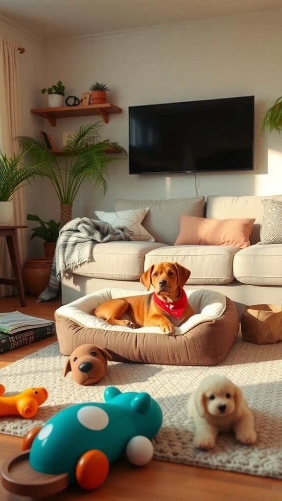 A cozy living room with a dog resting in its bed and toys scattered around.