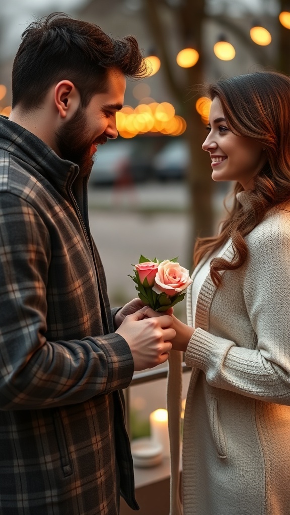 A couple exchanging a bouquet of roses in a warm, romantic setting.