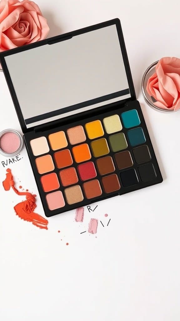 A vibrant makeup palette with various bright colors and some spilled makeup.
