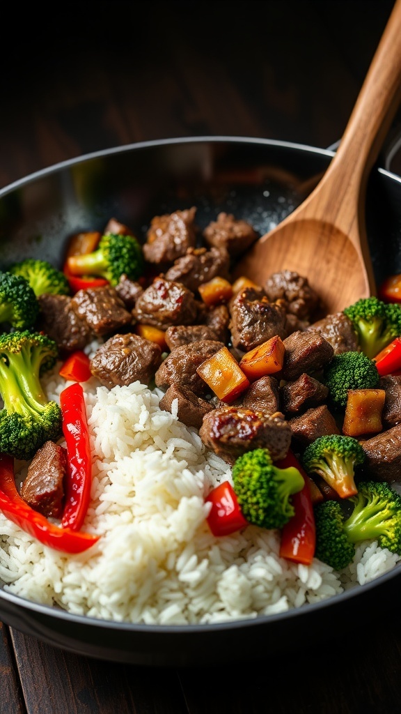 A colorful beef stir-fry with broccoli, red bell peppers, and white rice in a skillet.