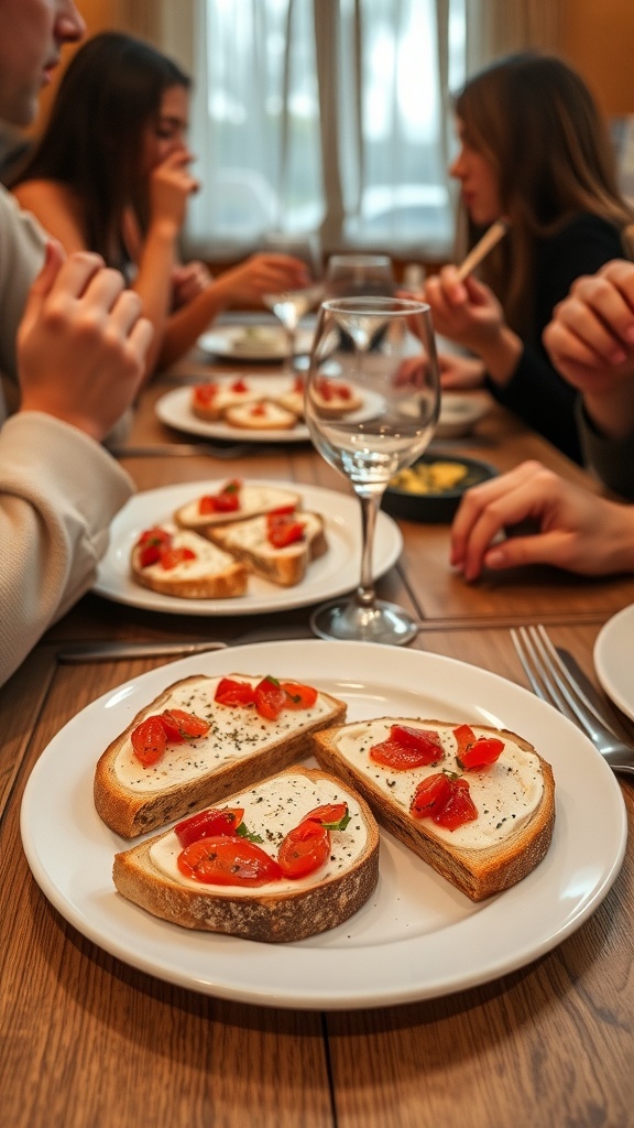 A plate of bruschetta topped with tomatoes and herbs, surrounded by people enjoying a meal.