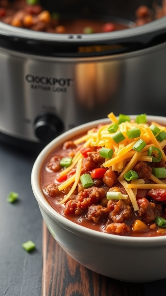 A bowl of chili con carne topped with cheese and green onions, with a crockpot in the background.