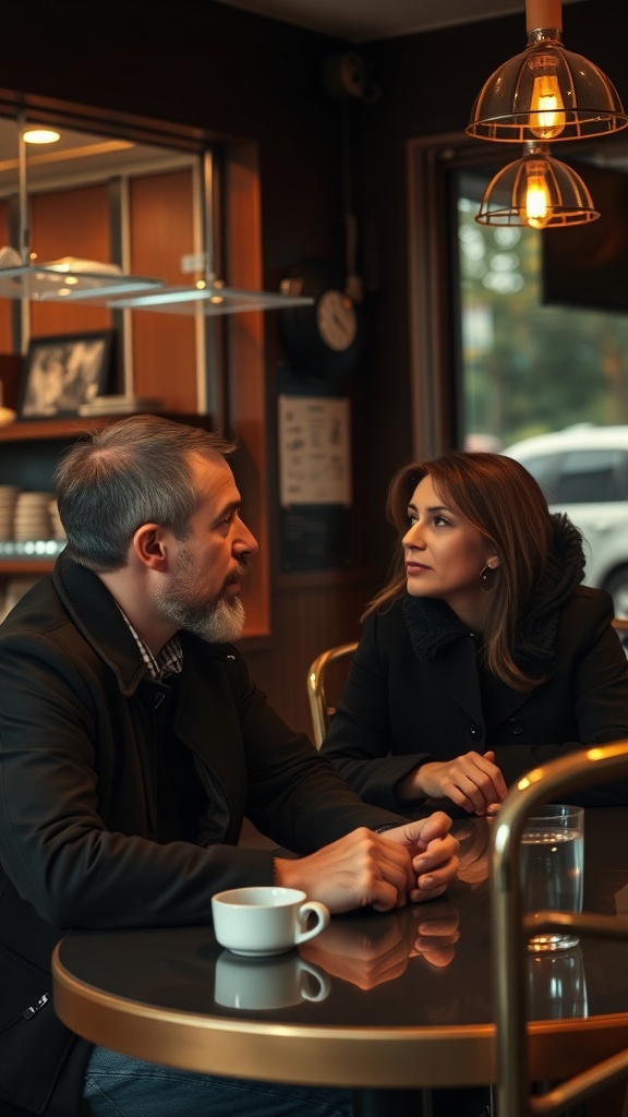 A man and woman engaged in a deep conversation at a coffee shop, illustrating the importance of consistent communication in relationships.