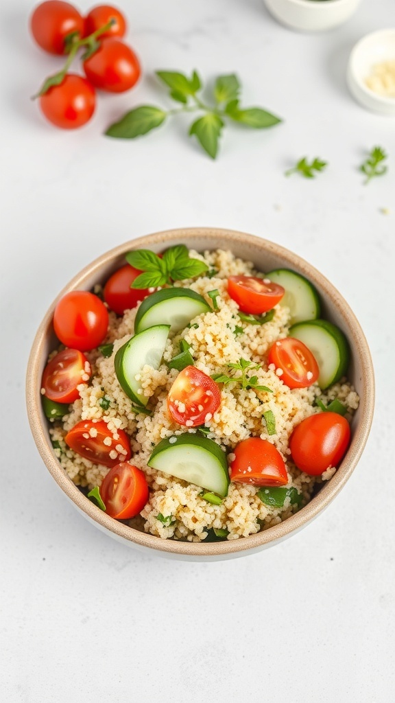 A bowl of quinoa salad with cherry tomatoes, cucumber, and herbs.