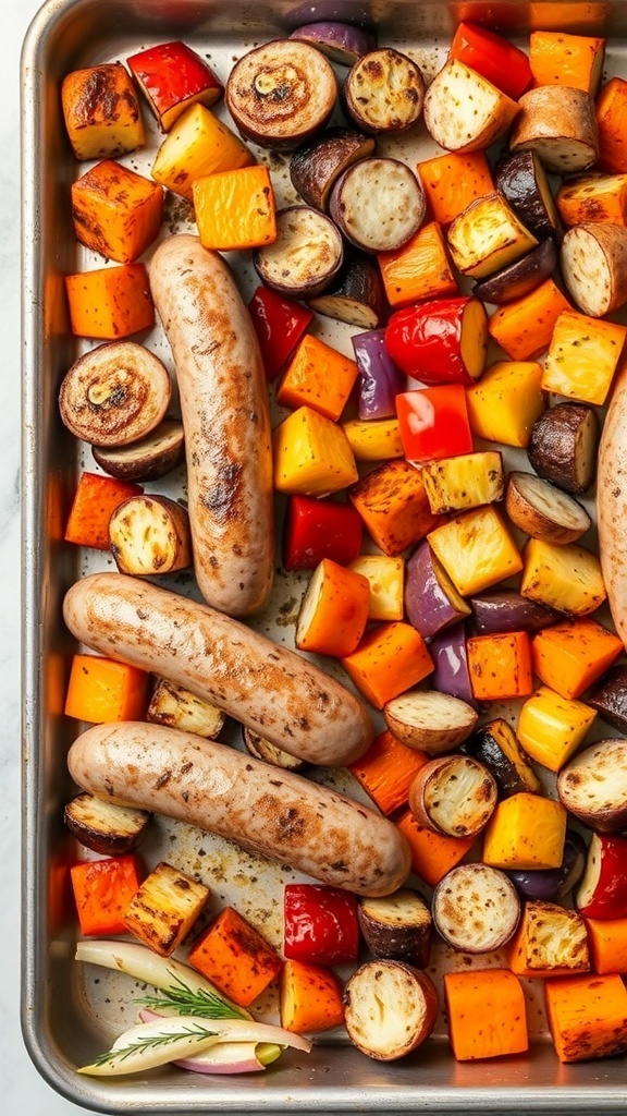 A sheet pan filled with sausages and colorful roasted vegetables.