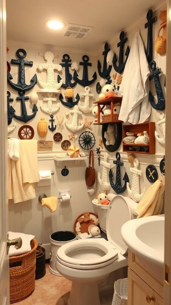 A bathroom filled with nautical-themed decorations, including anchors and sea motifs.