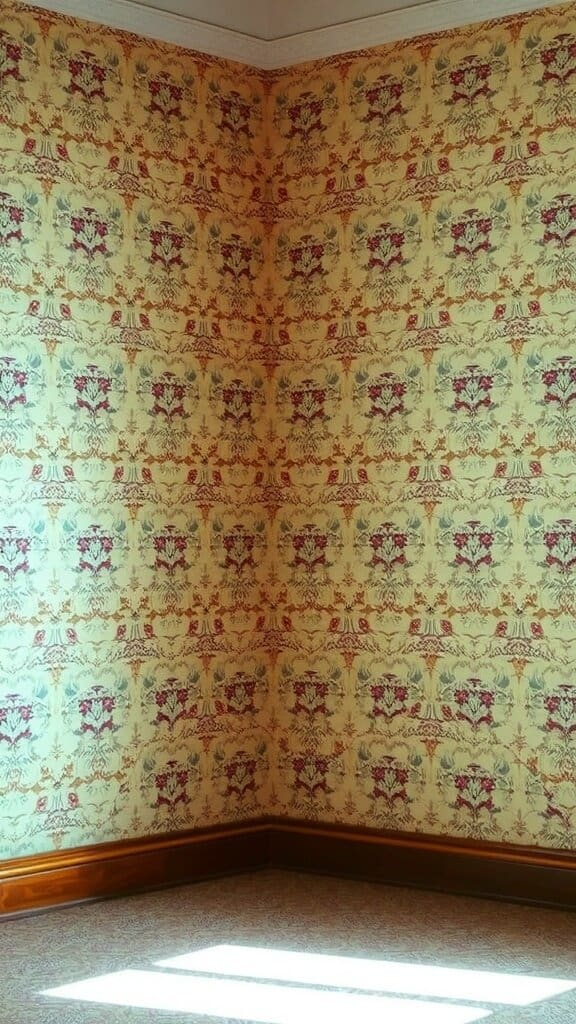 A corner of a room with old-fashioned floral wallpaper pattern.