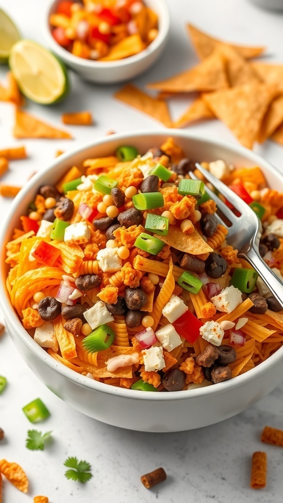A colorful taco salad with Doritos, featuring fresh vegetables and a fork.