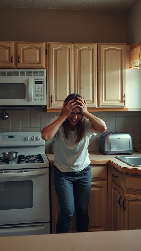 A woman looking stressed in a messy kitchen with unclean appliances.