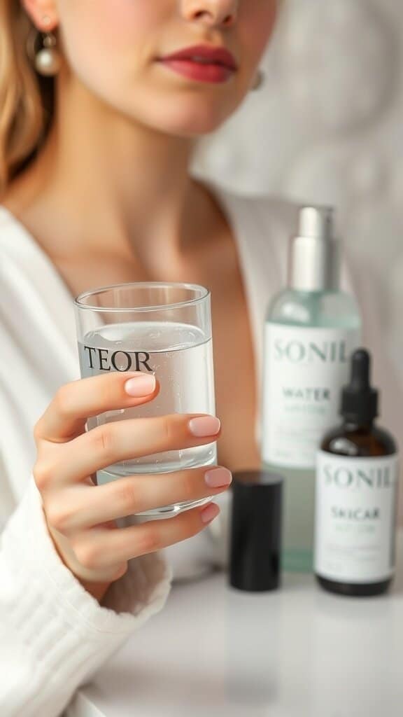 A woman holding a glass of water with skincare products in the background.
