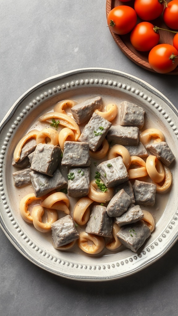 A plate of beef stroganoff with pasta, looking bland and unappetizing.