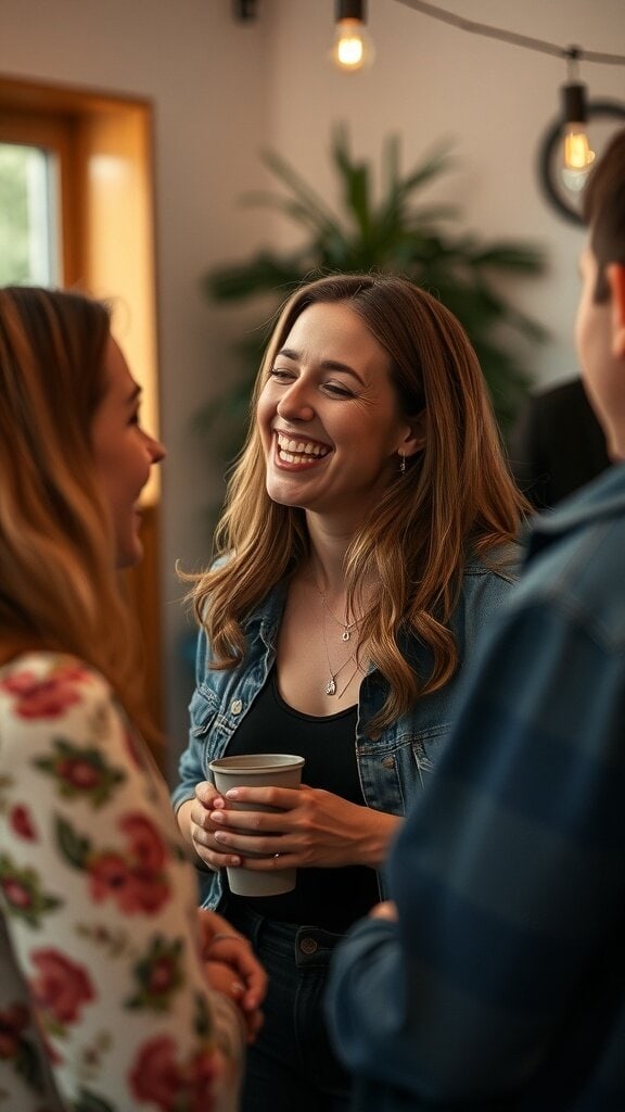 A woman laughing and engaging with friends in a cozy setting.