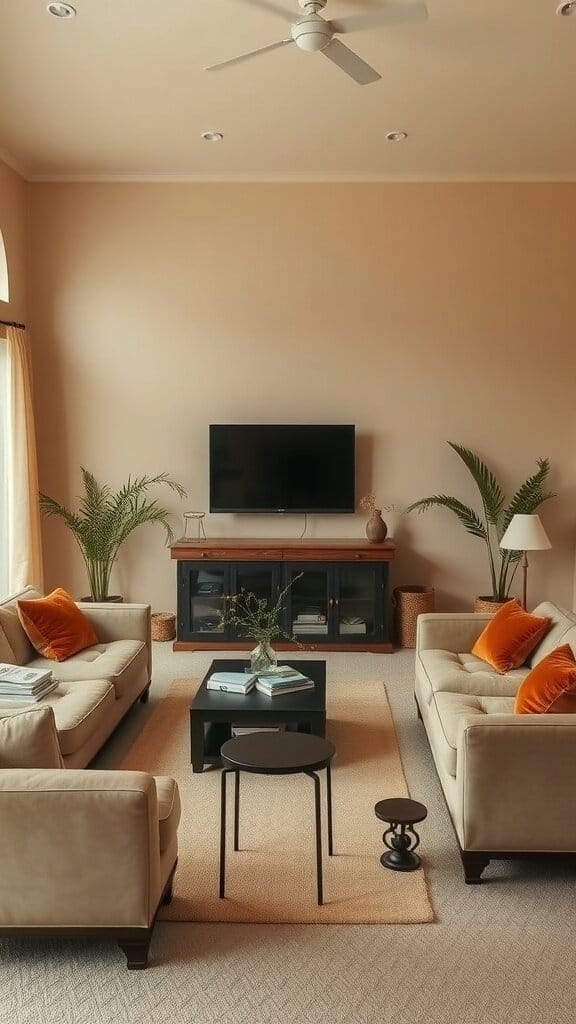 Living room with sandy beige walls, beige sofas, dark furniture, and plants.