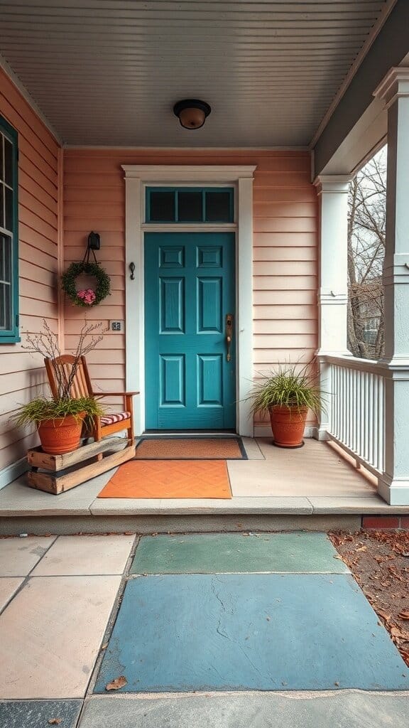 A front porch with pink walls, a teal door, and mismatched doormats.