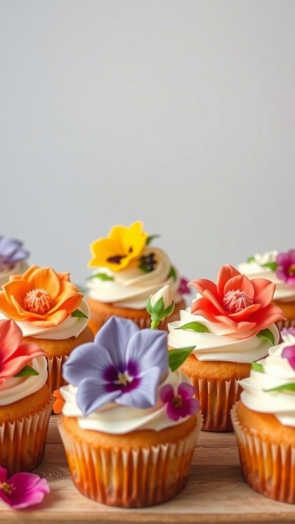 Colorful floral cupcakes topped with vibrant edible flowers.
