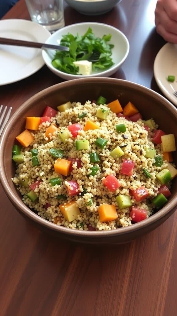 A bowl of quinoa salad with colorful vegetables, served at a family gathering.