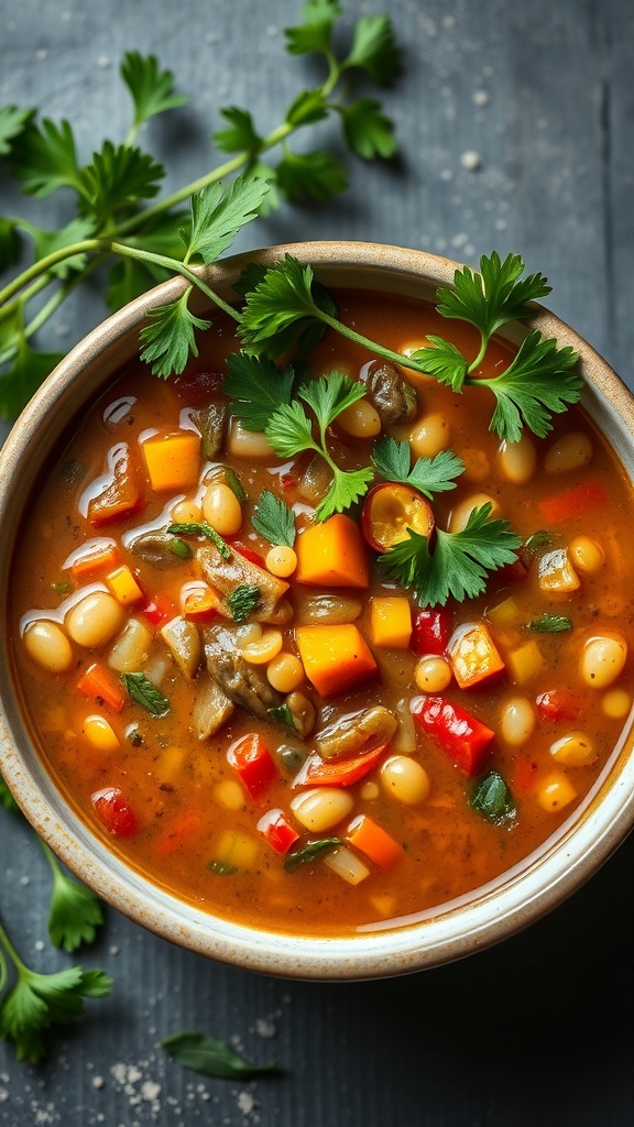 A bowl of colorful vegetable lentil soup garnished with fresh parsley.