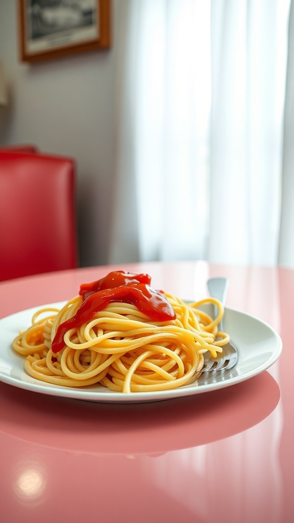 A plate of overcooked spaghetti topped with ketchup on a pink table.