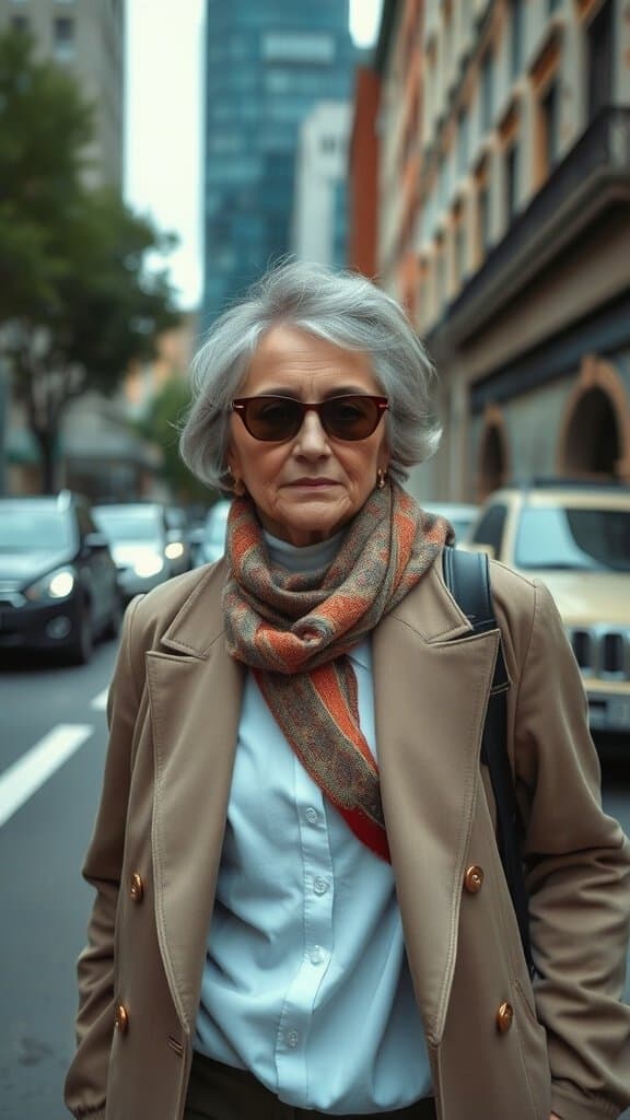 A stylish older woman wearing a beige coat and sunglasses, standing confidently on a city street.