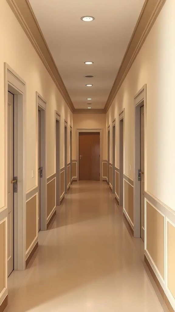 A hallway painted in beige and cream colors, featuring multiple doors and ceiling lights.