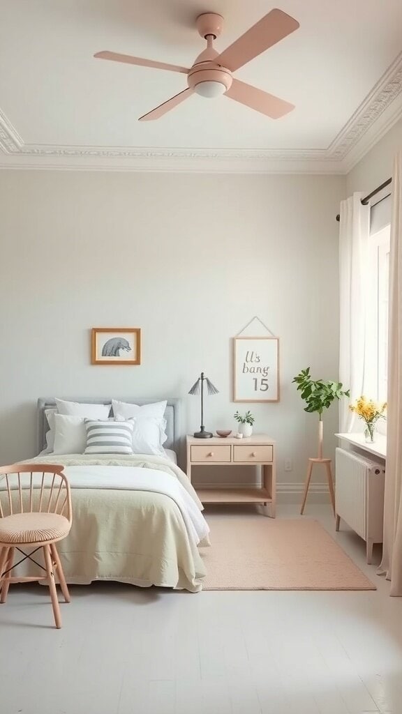 A calming bedroom with soft colors, featuring a bed with light bedding, a small nightstand, and a potted plant.