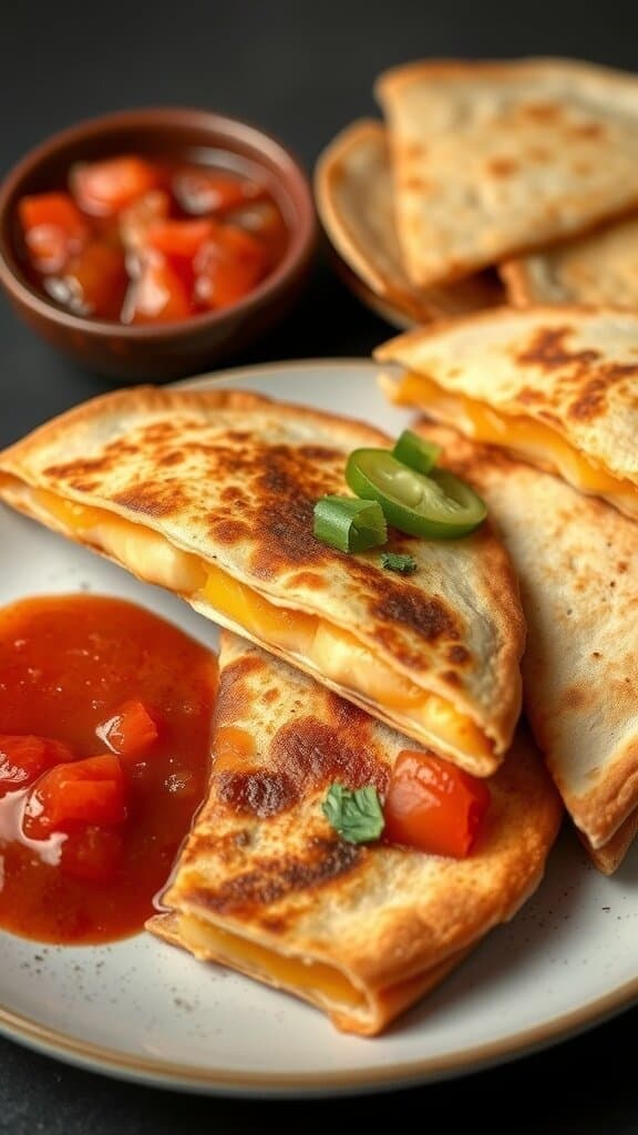 Golden-brown quesadillas with melted cheese, served with salsa and fresh toppings.