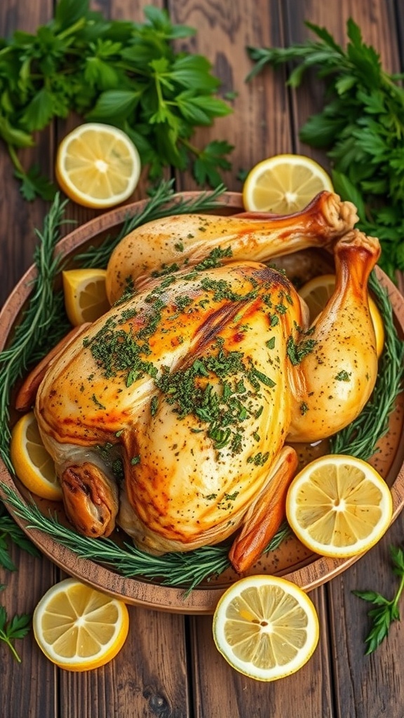 A beautifully roasted herb-crusted chicken garnished with lemon slices and fresh herbs on a wooden table.