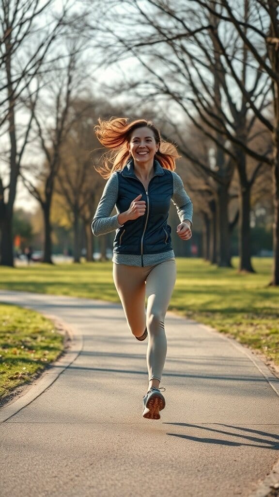 A woman jogging in a park, smiling and enjoying her exercise routine.