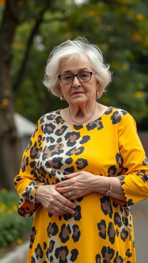 An older woman wearing a bright yellow leopard print dress, looking serious.