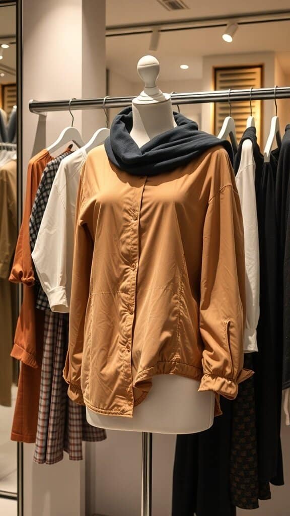 A mannequin displaying a trendy oversized top with a scarf, surrounded by various clothing items.