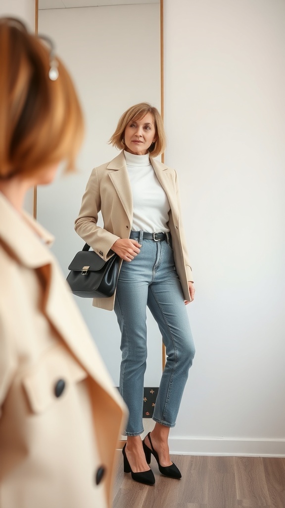 A stylish woman in a beige coat and black heels looking at her reflection in a mirror.