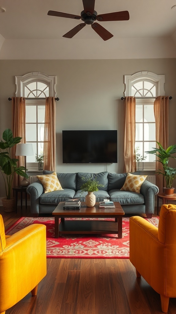 A living room featuring a blue sofa, yellow chairs, a red rug, and large windows with curtains.