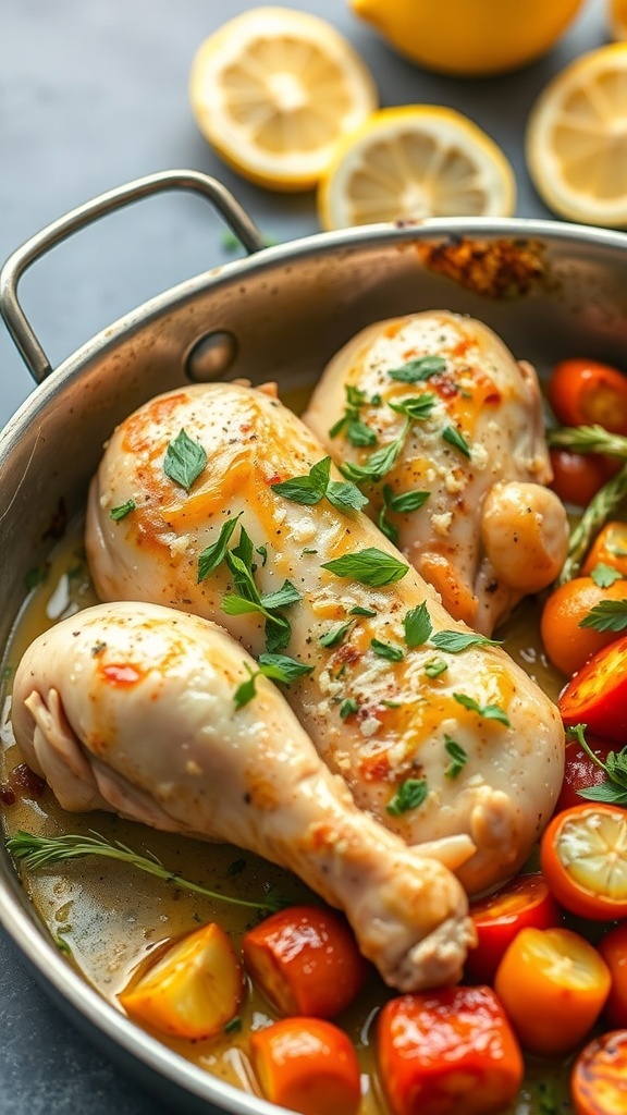 A pan of lemon garlic chicken with cherry tomatoes and herbs