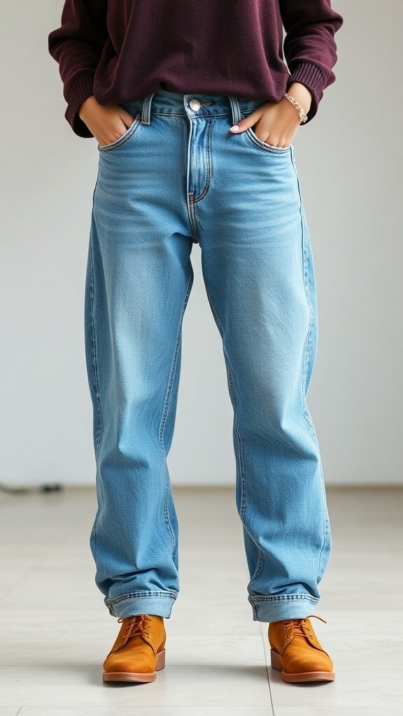 A woman wearing baggy boyfriend jeans and a sweater, standing with hands in pockets.