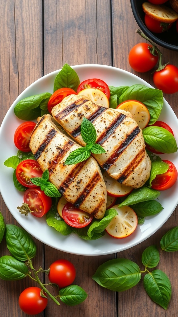 A plate of Caprese Salad with Grilled Chicken, featuring grilled chicken breasts, fresh spinach, cherry tomatoes, and lemon slices, garnished with basil leaves.