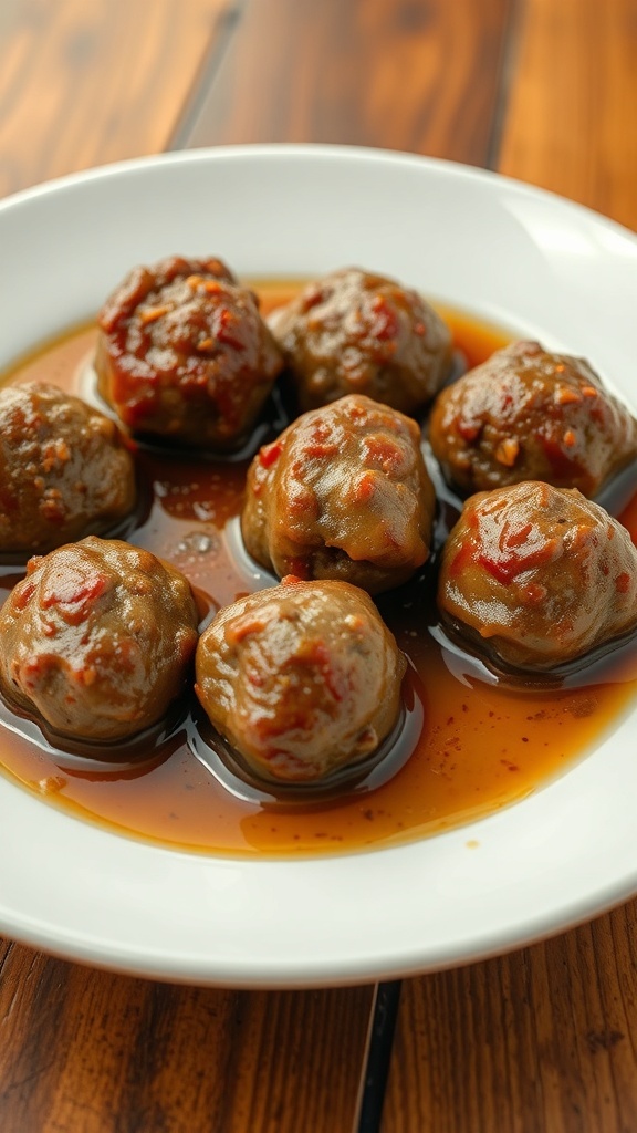 A plate of greasy meatballs in sauce