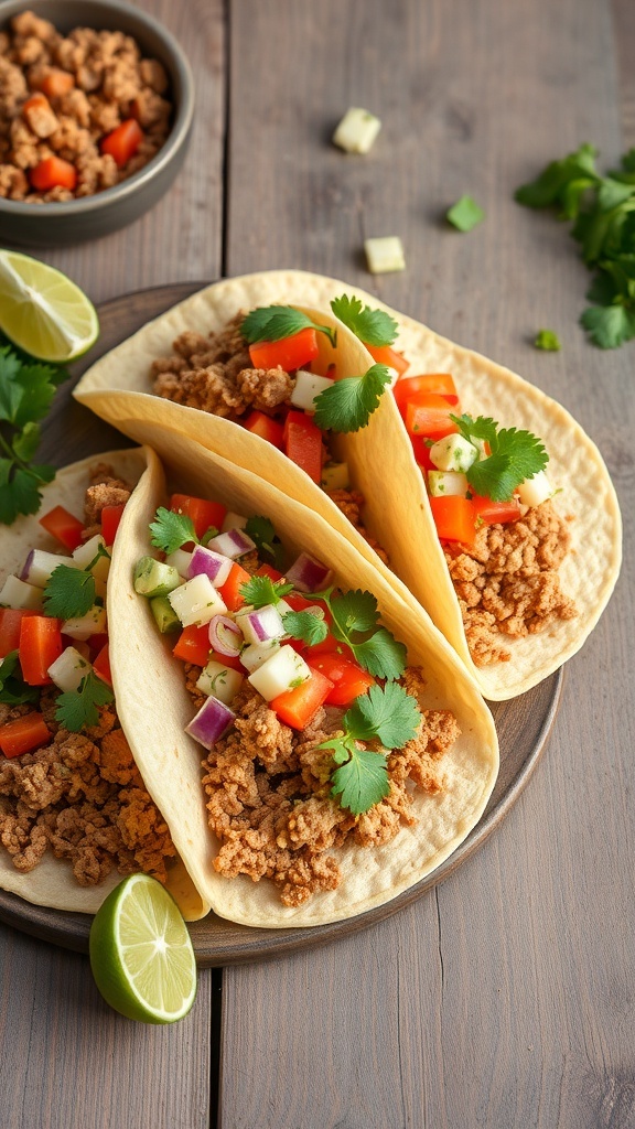 Three tacos filled with ground turkey, diced vegetables, and cilantro on a wooden table.