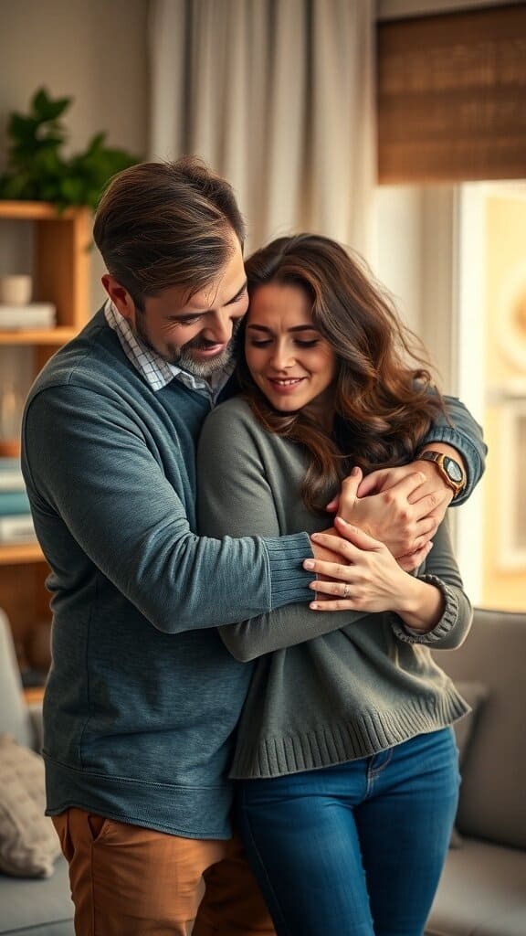 A couple embracing in a cozy living room, symbolizing support during tough times.