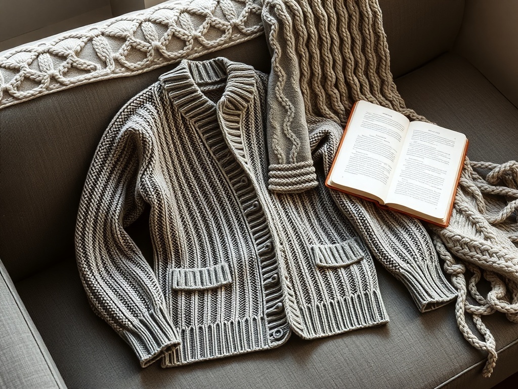 A cozy knitted cardigan on a couch with a book and a throw blanket.