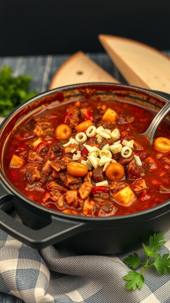 A cast iron pot filled with chili con carne, topped with cheese and garnished with green onions.
