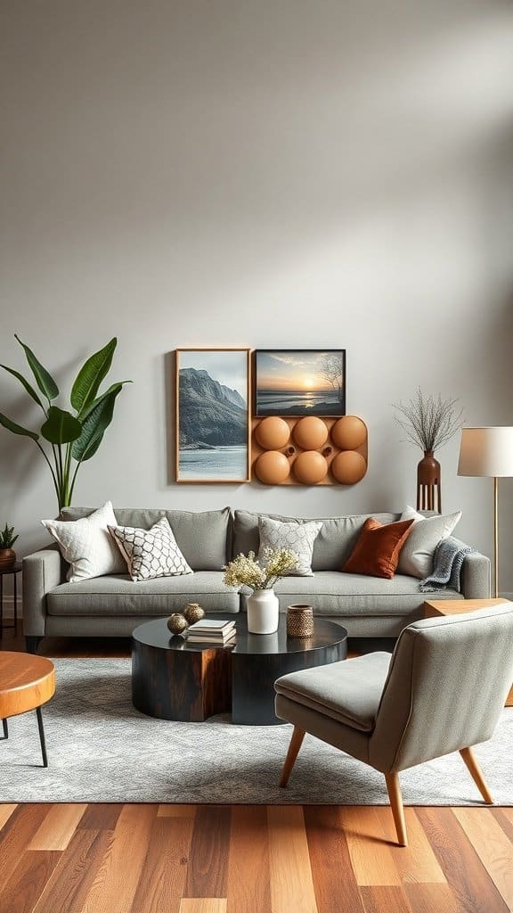 A modern living room featuring a cozy sofa, decorative cushions, artwork on the wall, a coffee table, and indoor plants.