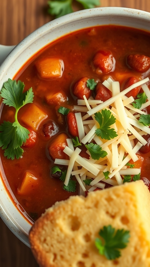 A bowl of chili topped with cheese and cilantro, with cornbread on the side.