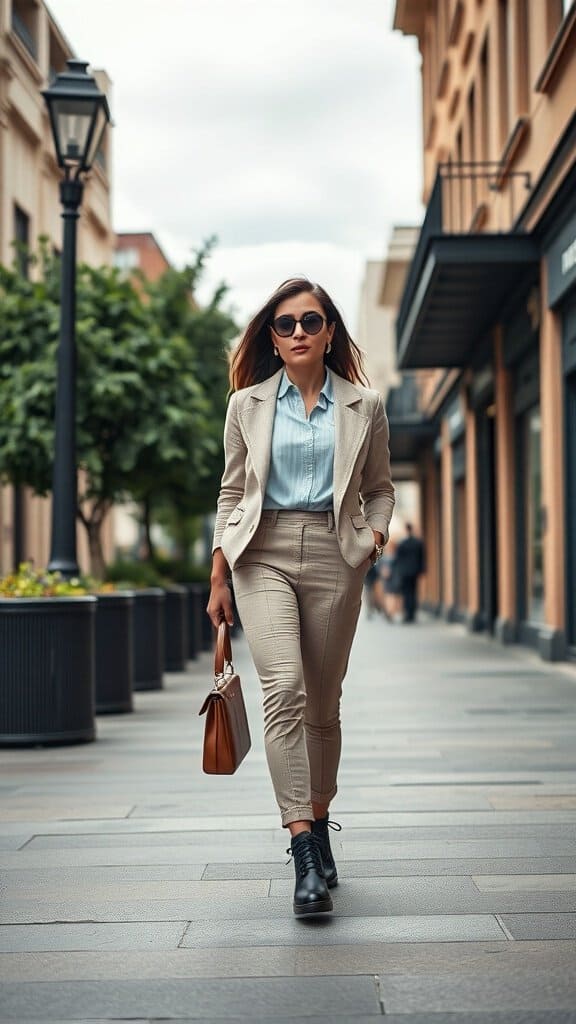 A confident woman walking in a tailored suit on a stylish street.
