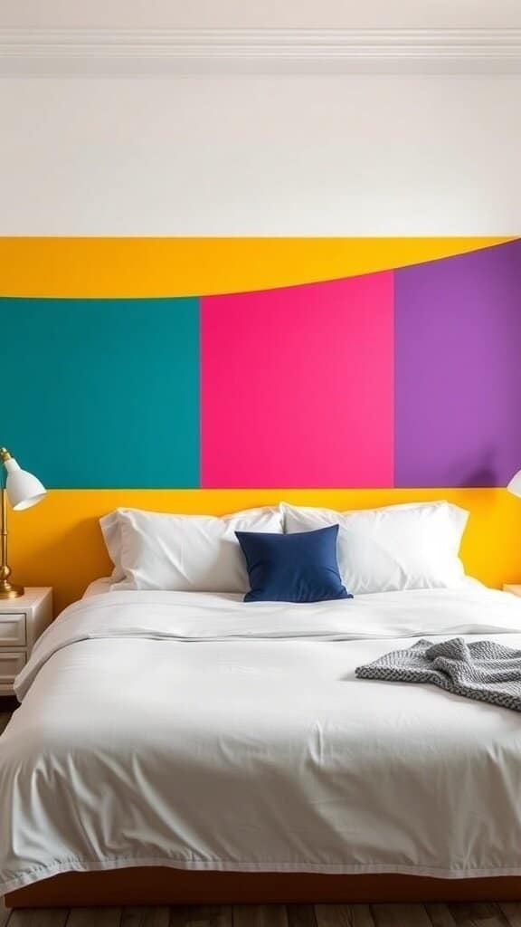 A modern bedroom featuring a color-blocked headboard with teal, pink, and yellow sections behind a white bed.