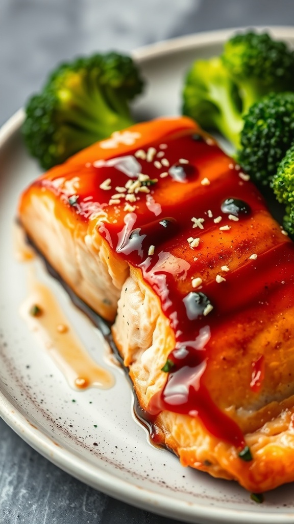 A plate of teriyaki salmon with broccoli, showcasing a glossy glaze on the fish.