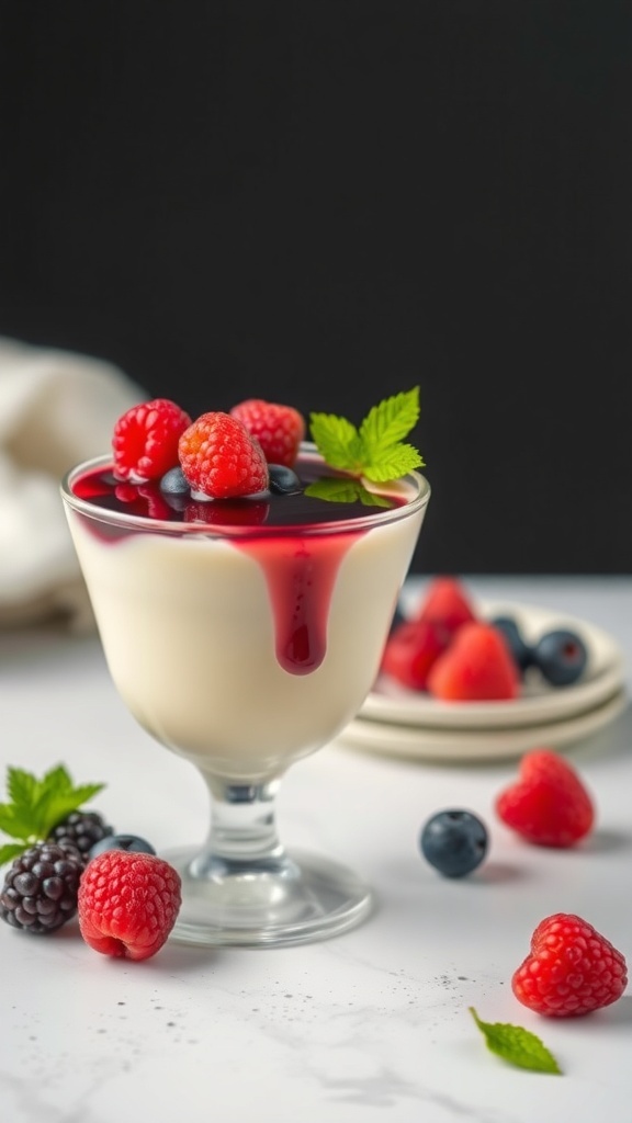 A glass of vanilla panna cotta topped with berry sauce and fresh berries, set against a dark background.