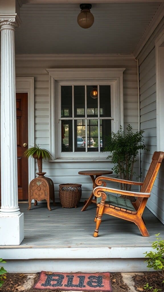 A front porch with old wooden furniture and a rustic table.